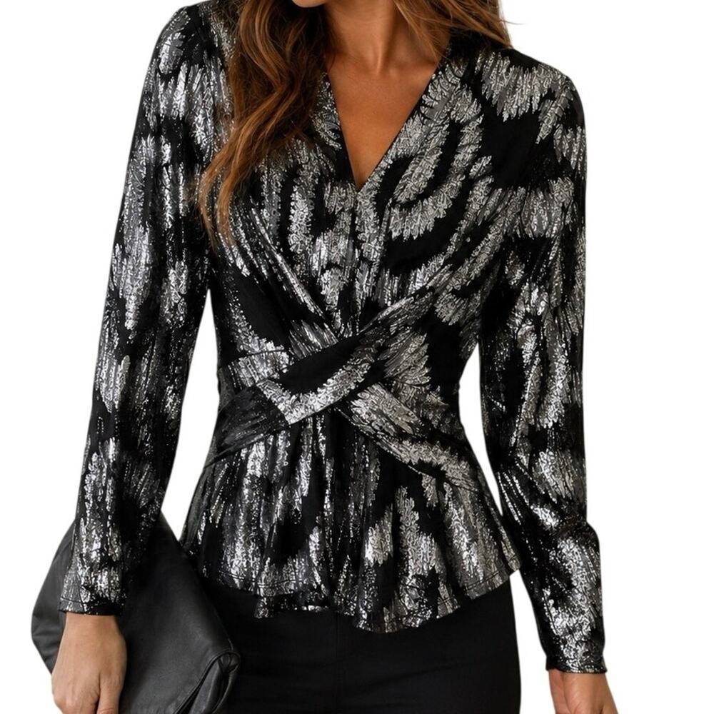 Kaktus Metallic Wrap Blouse Women's Medium NWT Black‎ Silver Long Sleeve Top